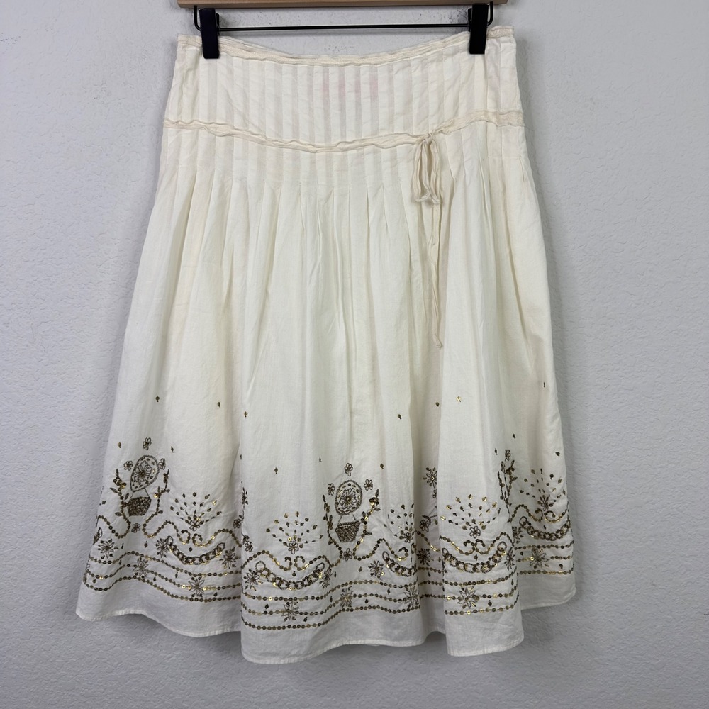 Cynthia Steffe Skirt Womens 6 Cream Gold Embellished Pleated Boho Artisian Y2K